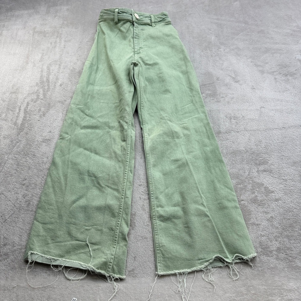 Zara Wide Leg Pants Womens 0 Green High Rise Raw Hem Boho Coastal Grandma Denim